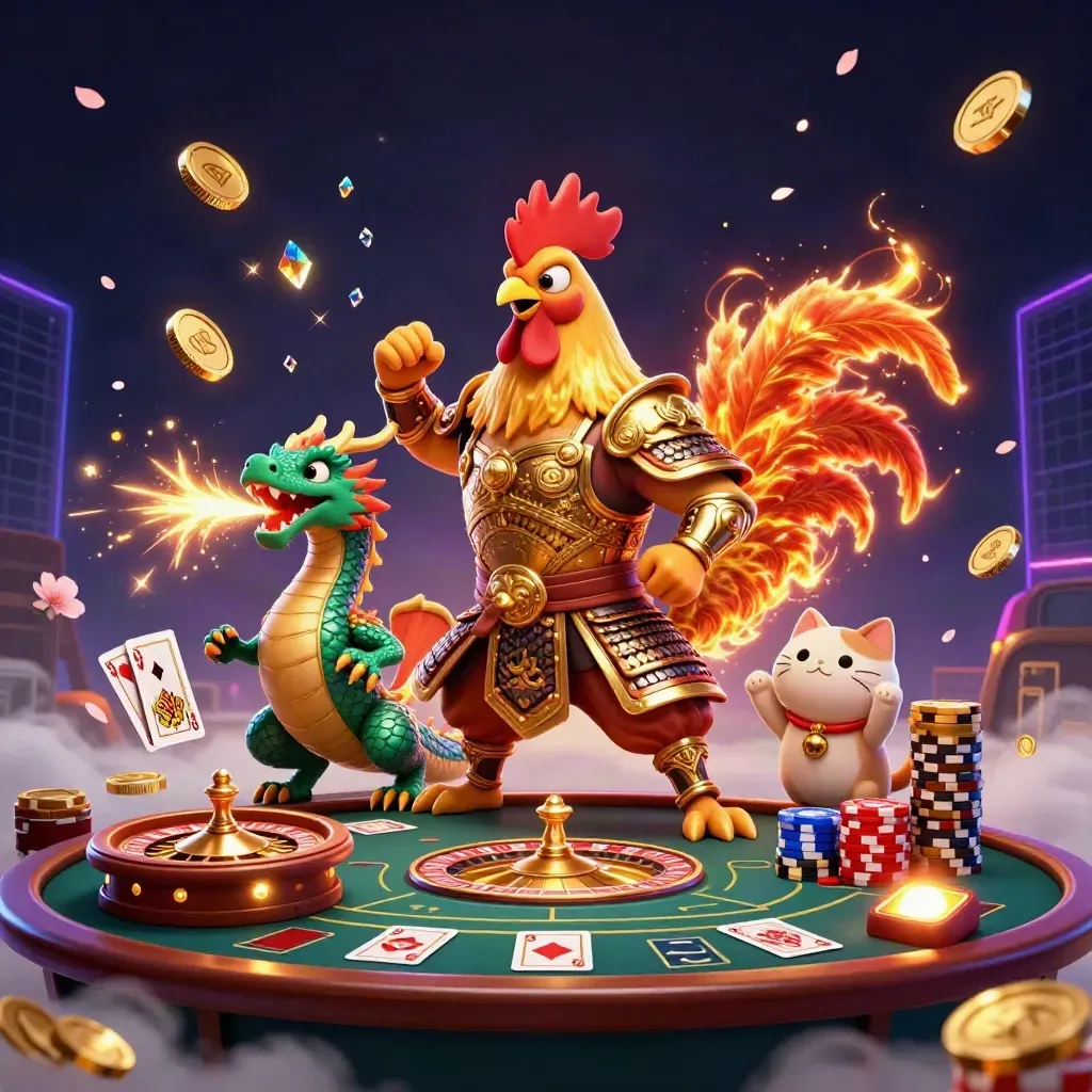 Rooster warrior, dragon hatchling, and fortune-cat amid casino riches and spinning roulette.