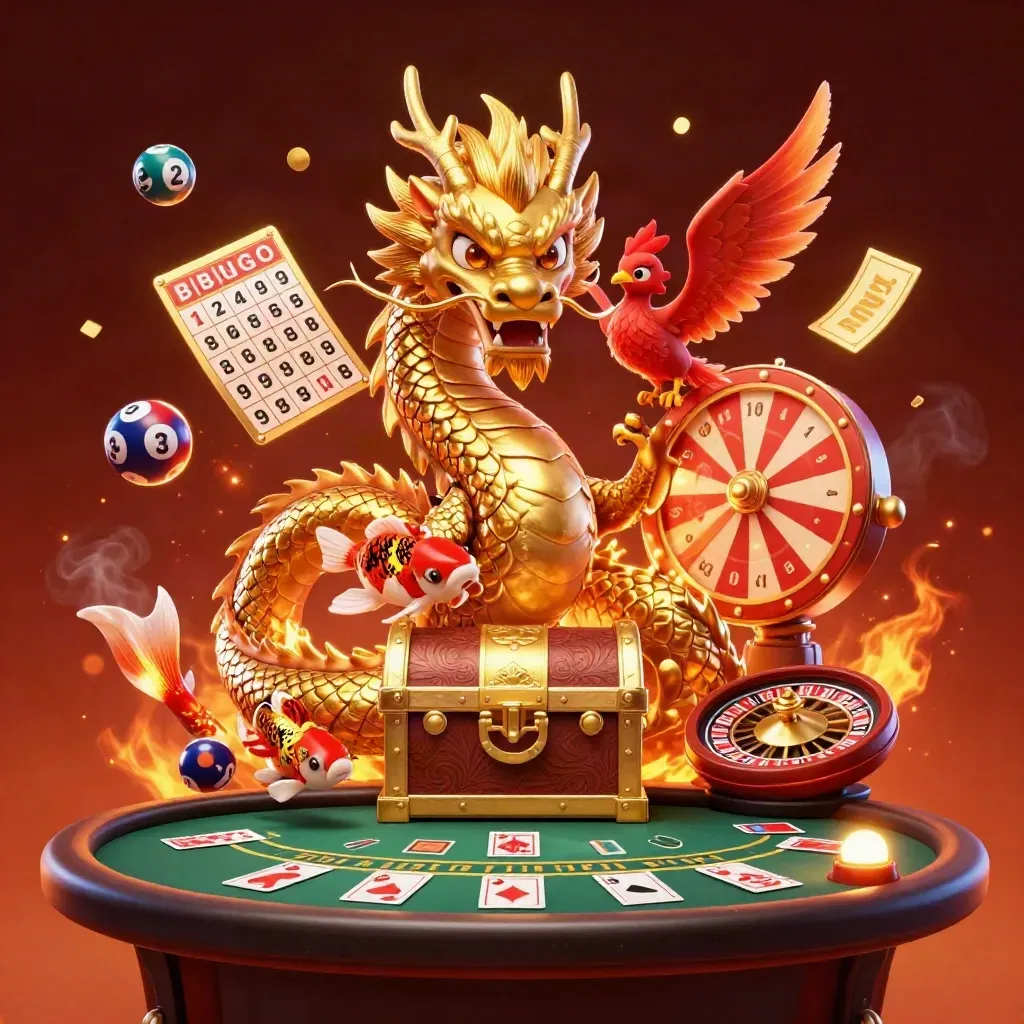 Golden dragon guarding treasure with phoenix, koi, lottery balls, and casino glow.