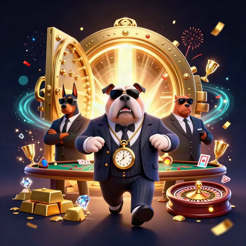 Bulldog boss and two Dobermans amid vault gold, jewels, and casino lights