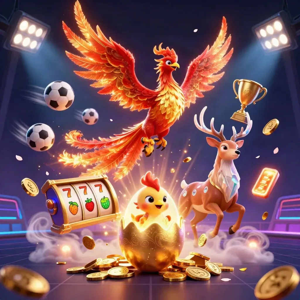 Fire phoenix, hatching baby phoenix, and crystal-antler stag amid coins, sports balls, and casino glow.