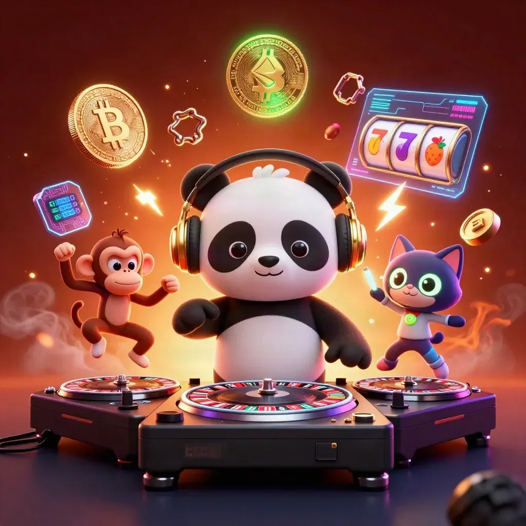 DJ panda, dancing monkey and glow-kitten amid neon coins, reels, embers and casino sparks.