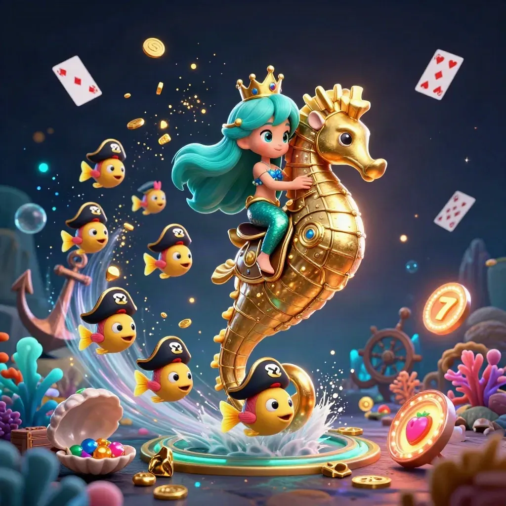 Mermaid princess on golden seahorse in treasure cove with pirate fish, coins, coral, and glowing gems