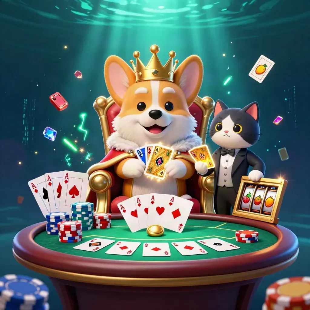 Royal corgi and cat butler amid poker chips, cards, reels, and glowing casino energy underwater