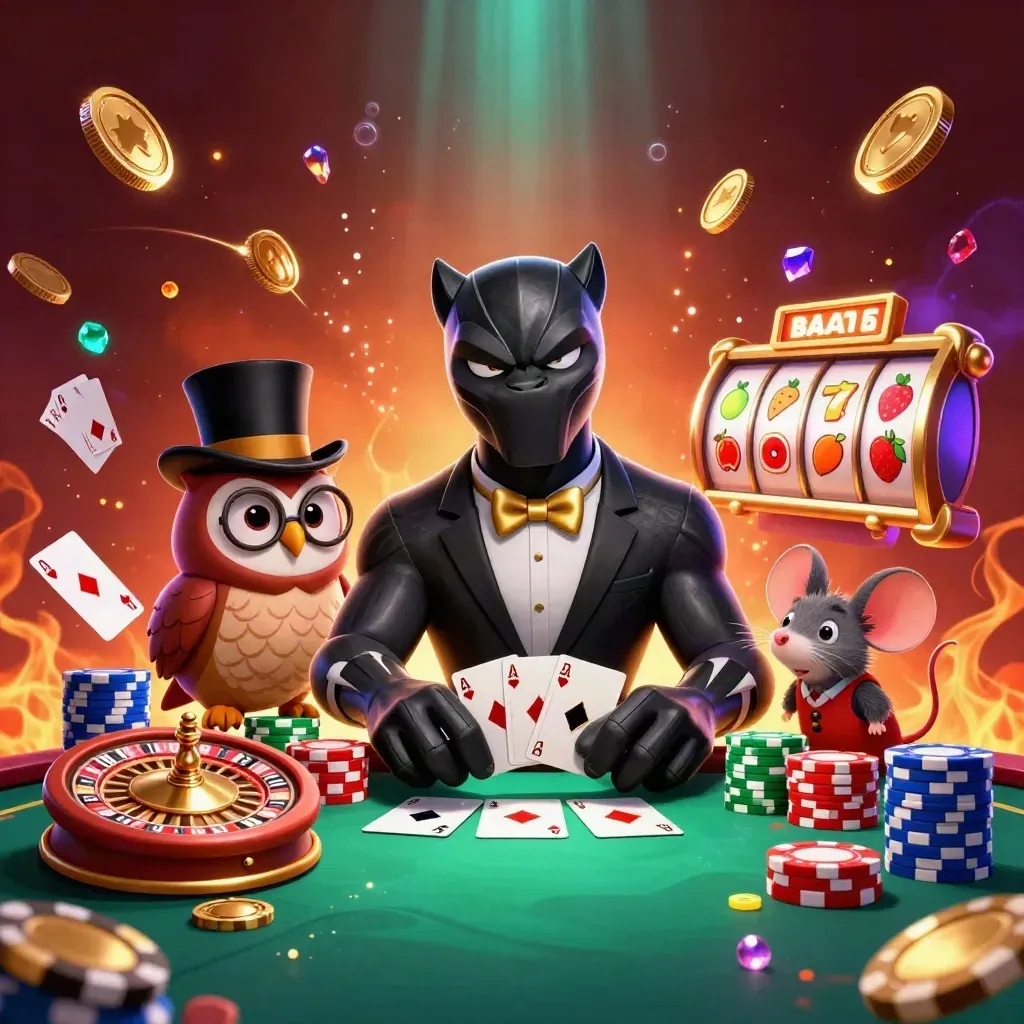 Panther, owl, and mouse amid casino chips, coins, gems, reels, and glowing effects