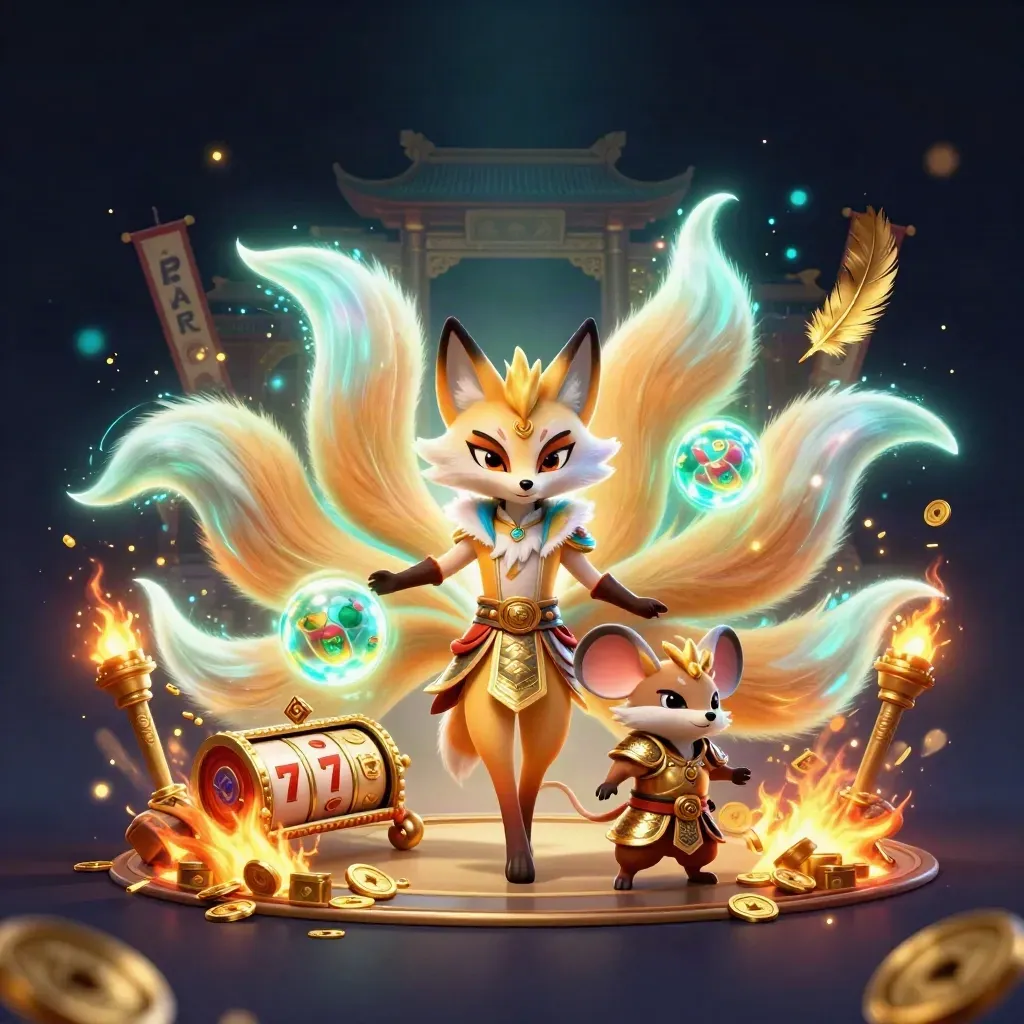 Neon fox spirit and gold-armored mouse amid temple treasure, coins, reels, and glowing casino magic
