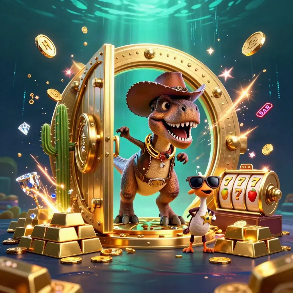 Cartoon cowboy T-Rex, cactus, and roadrunner burst from a gold vault with coins, gems, reels, and fireworks.
