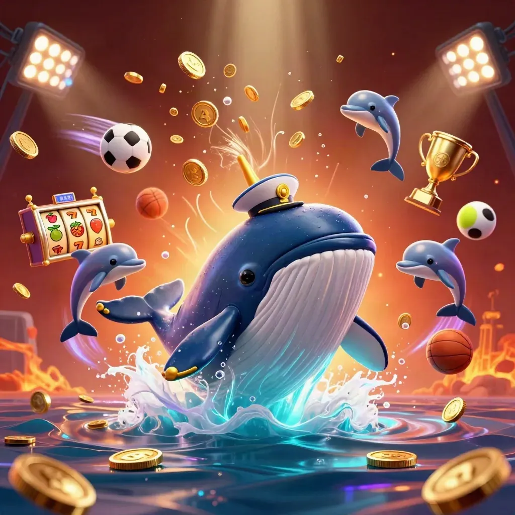 Captain whale, narwhal, and dolphins burst from gold coins amid casino lights and fireworks.