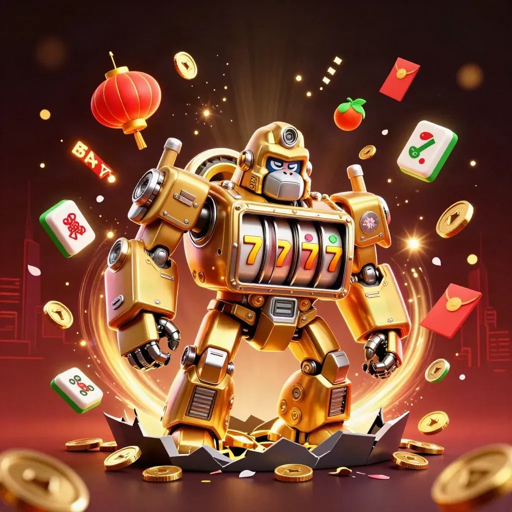 Golden gorilla slot mech, monkey pilot, coins and fireworks exploding in a dark premium casino scene