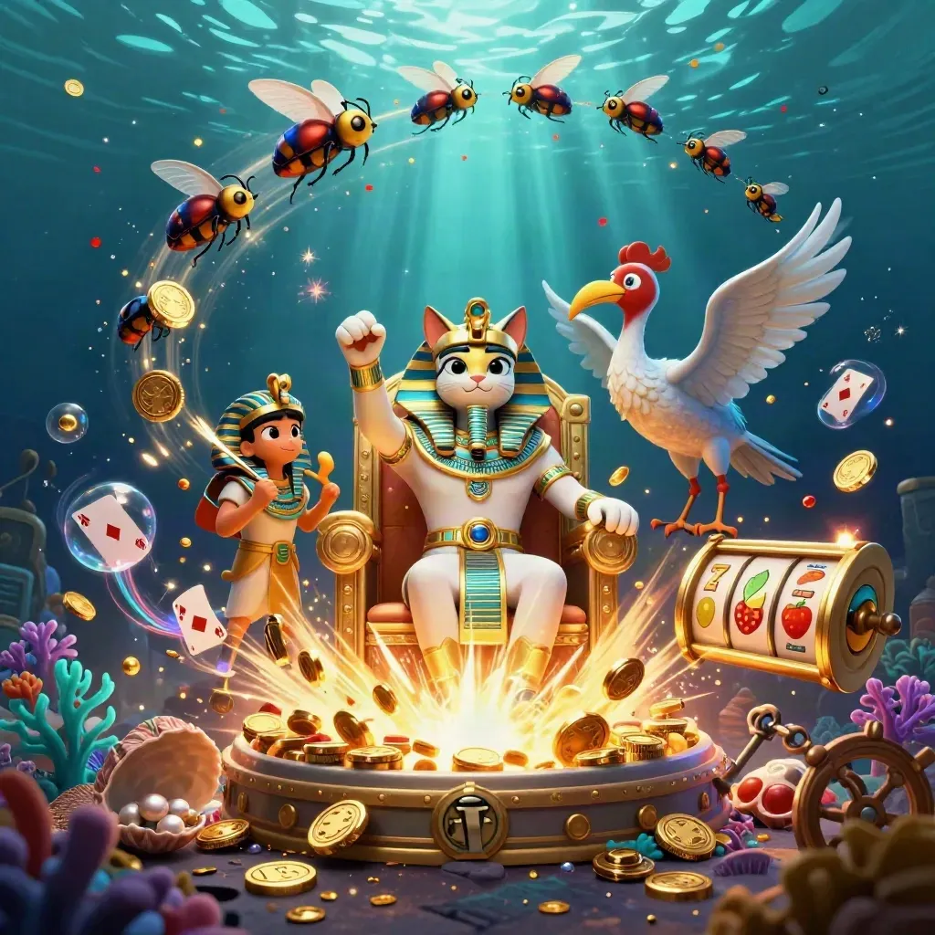 Pharaoh cat, ibis scribe and gem-wing scarabs celebrate amid underwater gold, reels and fireworks.