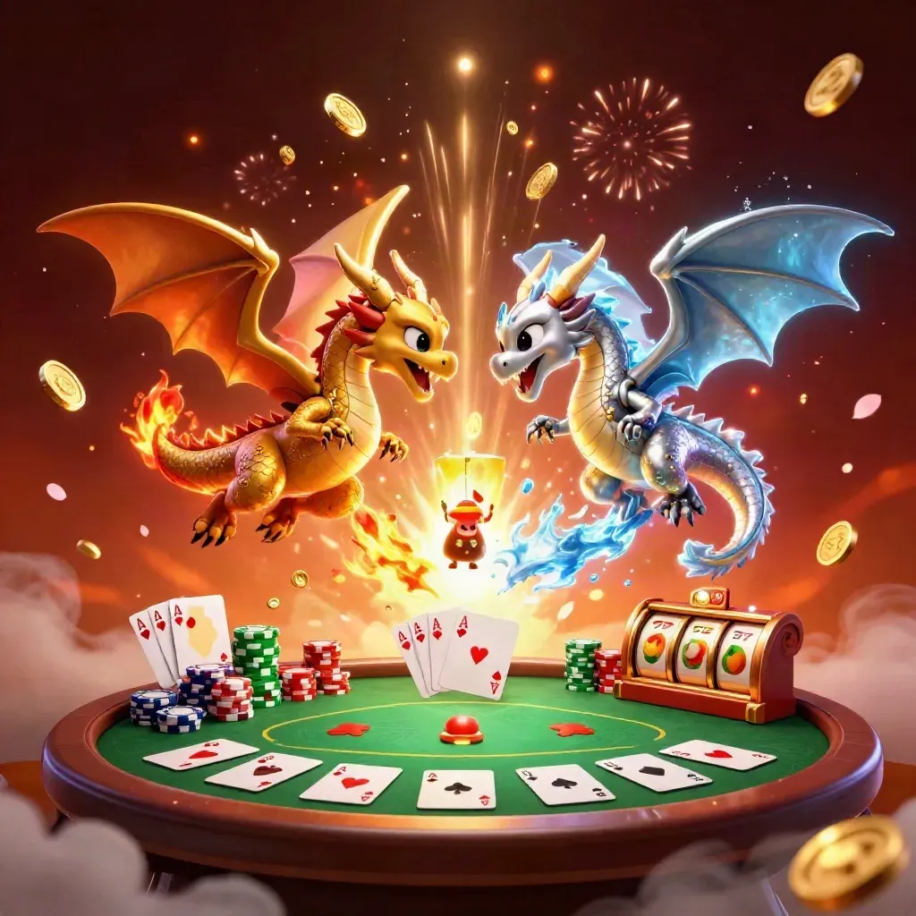 Gold and silver dragons swirl over casino symbols with coins, fireworks, and glowing treasure