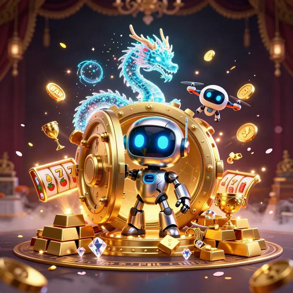 Chrome robot, holographic dragon, and coin drone burst from a golden vault amid casino gems and reels.