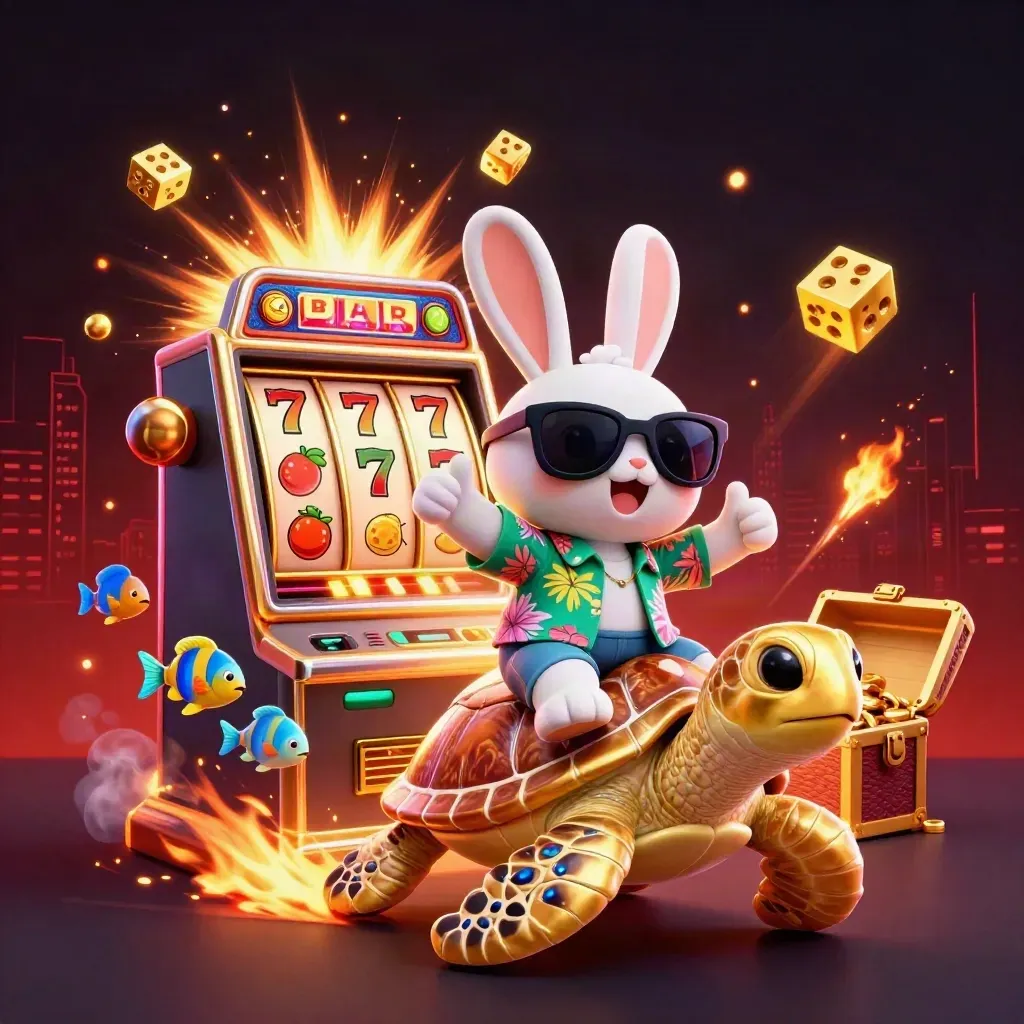 Rabbit on golden turtle amid slot bursts, gold dice, treasure chest, embers, and a dark casino glow.
