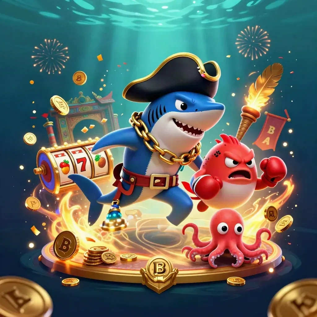 Shark pirate, pufferfish boxer, and juggling octopus amid casino loot underwater