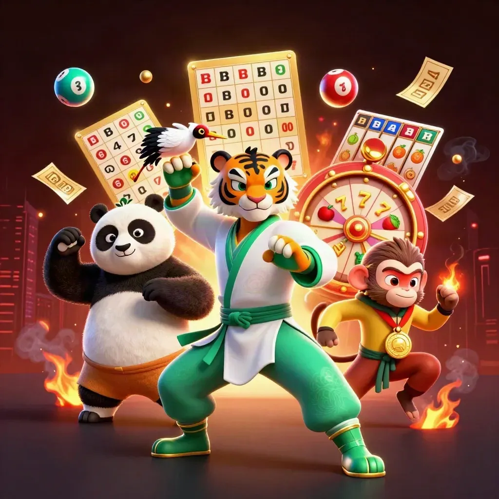 Tiger, panda, and monkey burst through casino effects with jade and gold glow.