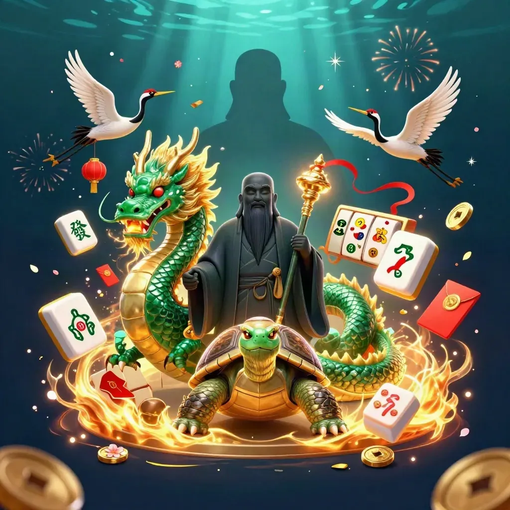 Emerald dragon, turtle sage, and cranes amid gold fire, coins, lanterns, and slot symbols