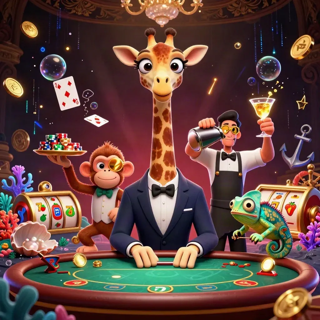 Suit-clad giraffe, monkey valet, and chameleon bartender in a glowing casino treasure cove.