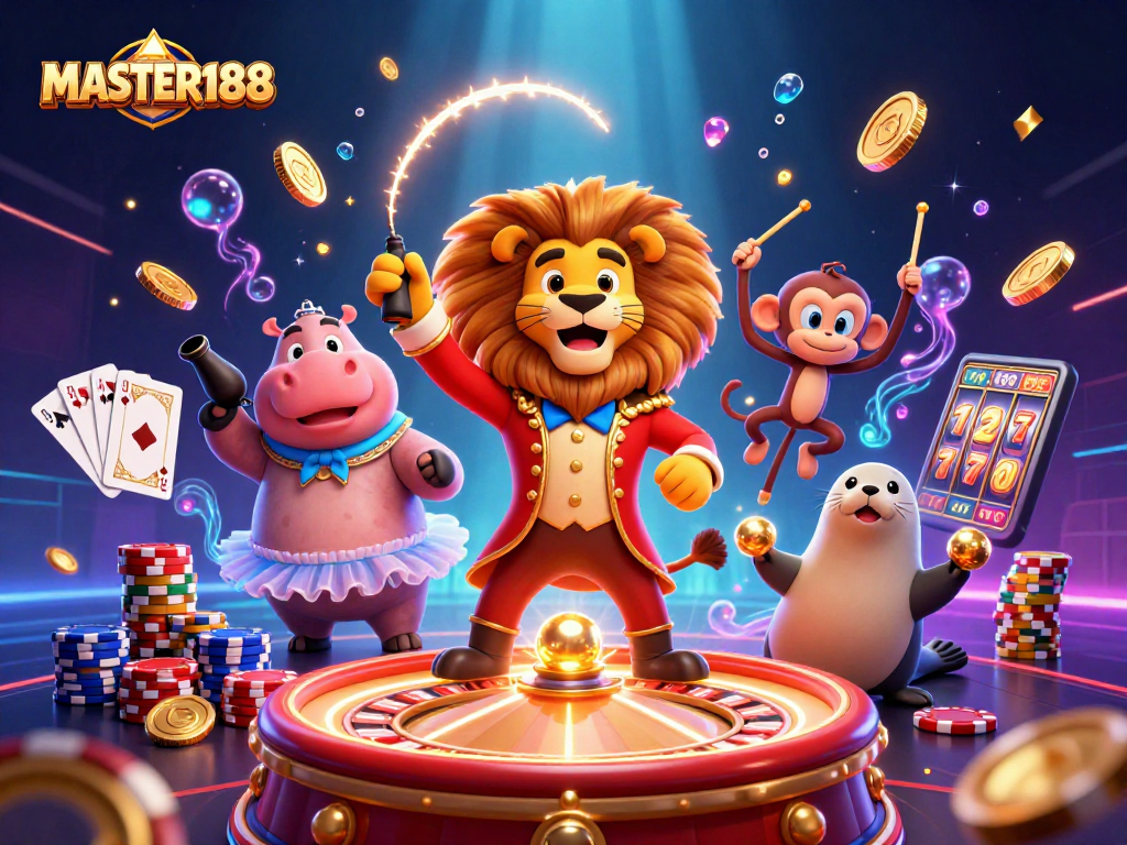 Experience the thrill of winning at MASTER188 with exciting 3D circus characters and vibrant casino elements.