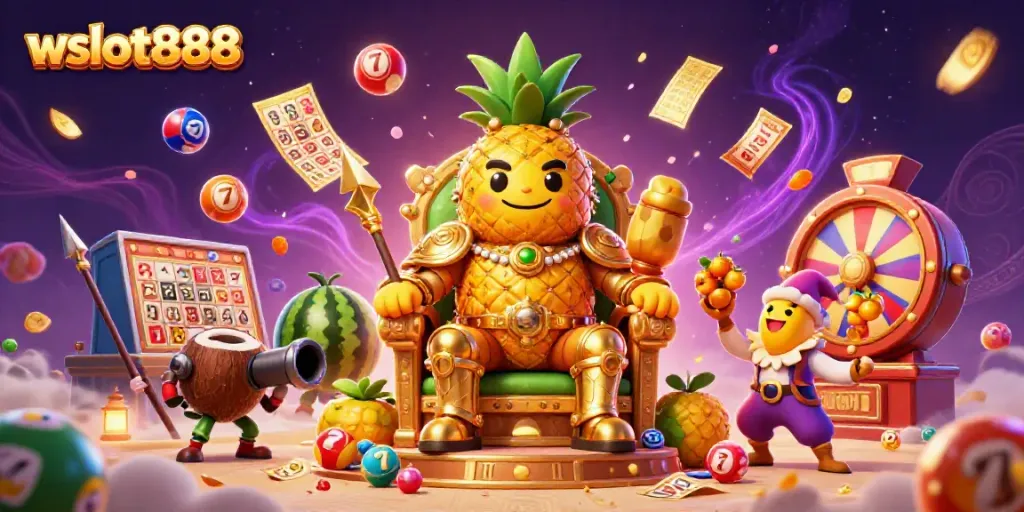 Permainan slot gacor wslot888 diilustrasikan dengan karakter unik dan lingkungan penuh warna.