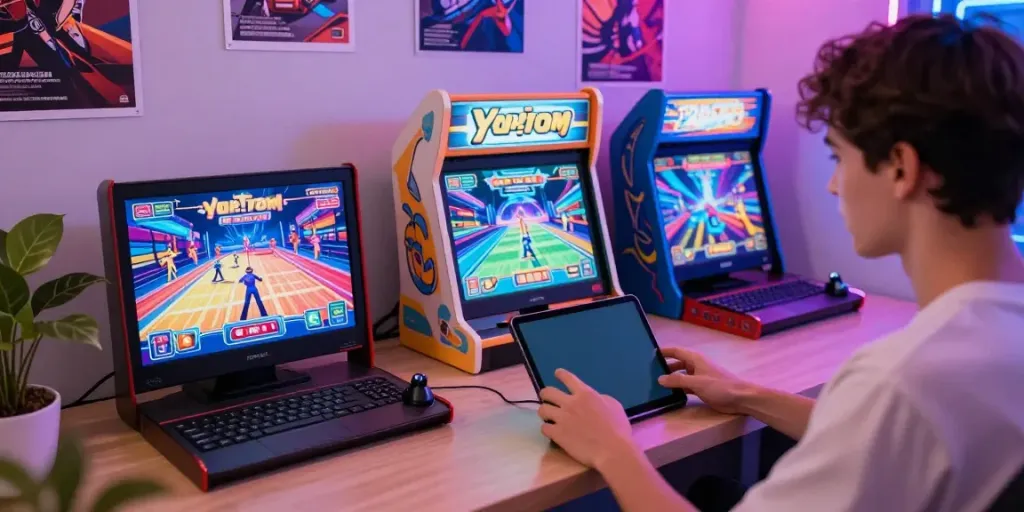 Engaged player enjoying the Yono Arcade mobile gaming experience in a colorful and inviting setting.