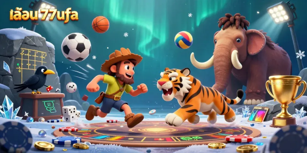 Experience the excitement of playing 77ufa with a lively prehistoric casino scene featuring unique characters and dynamic game elements.