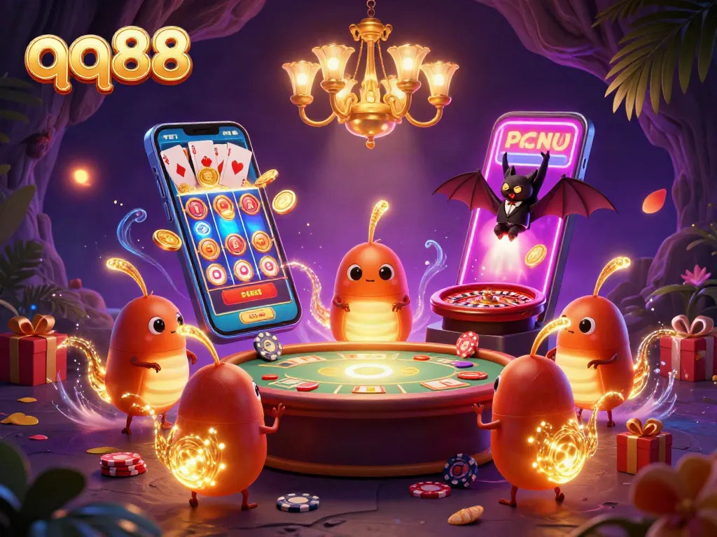 Engage with qq88 in this vibrant 3D casino scene filled with glowing elements and immersive gameplay details.