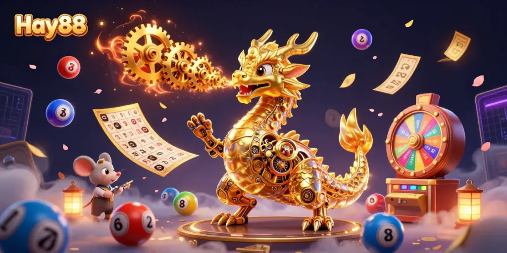 Experience thrilling gaming at Hay88 with a golden dragon, dynamic lottery elements, and vibrant colors.