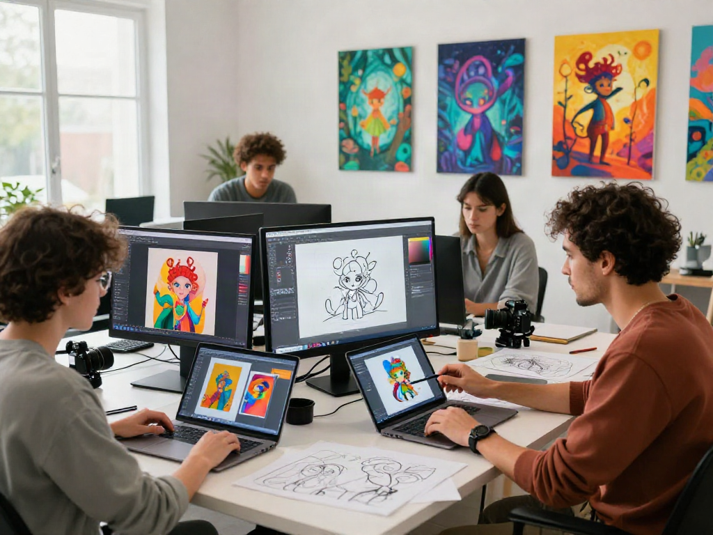 A creative workspace where artists use a porn ai generator to collaboratively design imaginative digital artworks, showcasing innovation and teamwork.