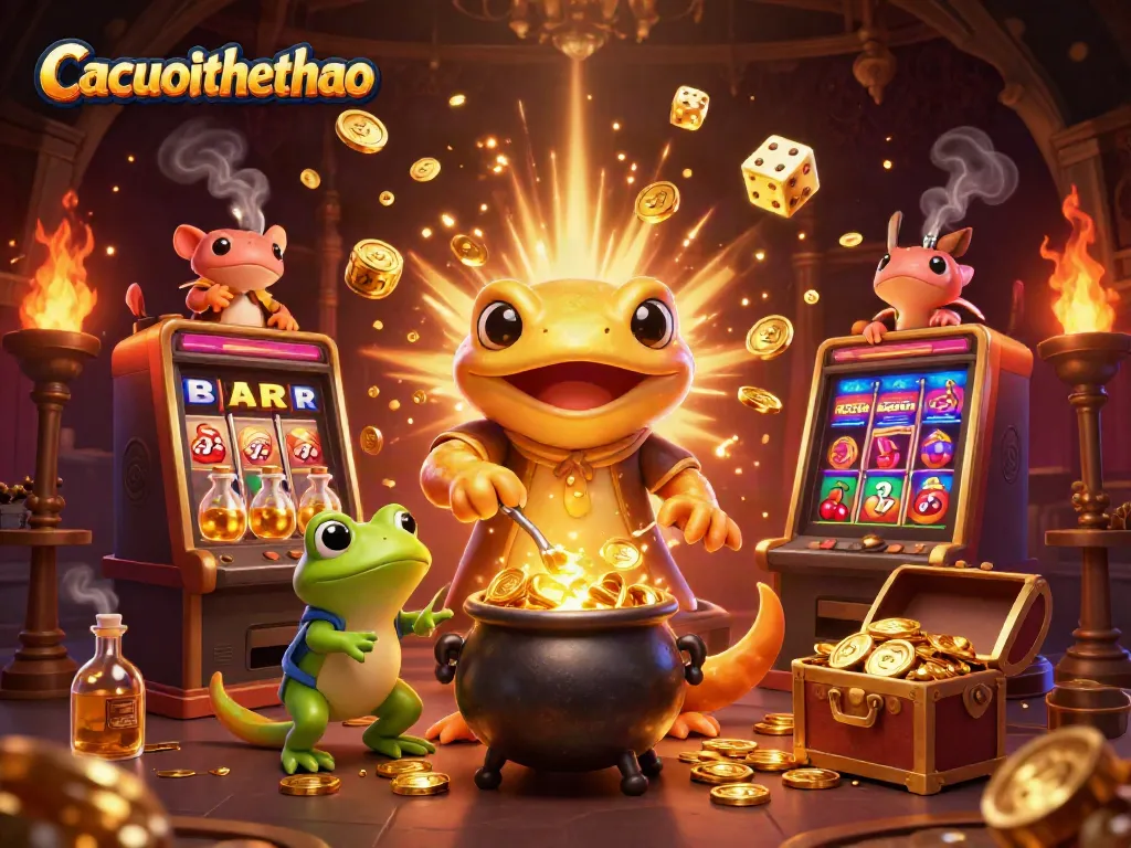 Cacuocthethao showcases a magical 3D alchemist scene with gold transmutations and dynamic casino elements.