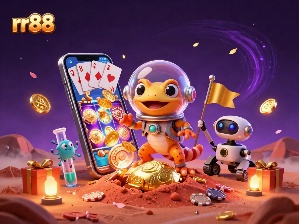 rr88 promotes excitement with a Martian gecko discovering a golden casino amidst a dazzling scene.