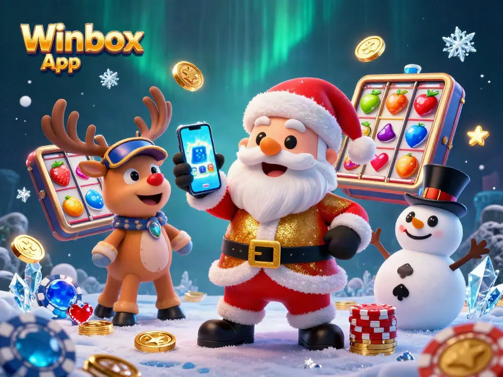 Experience gaming excitement with Winbox App featuring Santa and friends in a vibrant casino scene.