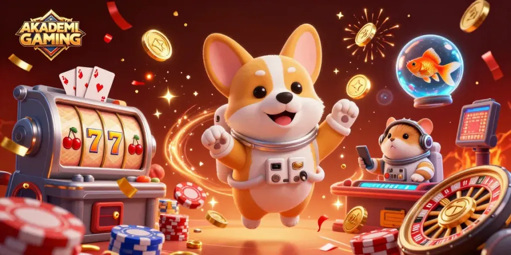 Experience the thrill of gambling with AKADEMIGAMING in a vibrant 3D casino illustration.