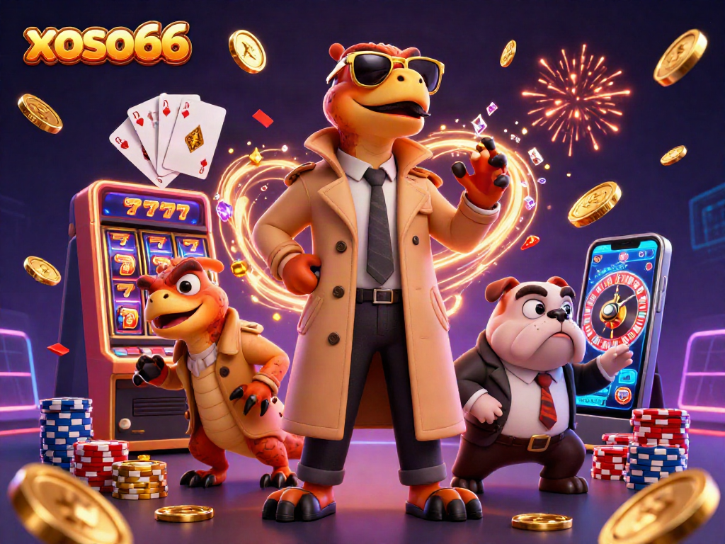Play slots and win with xoso66 in a vibrant casino scene featuring raptors and a bouncer.