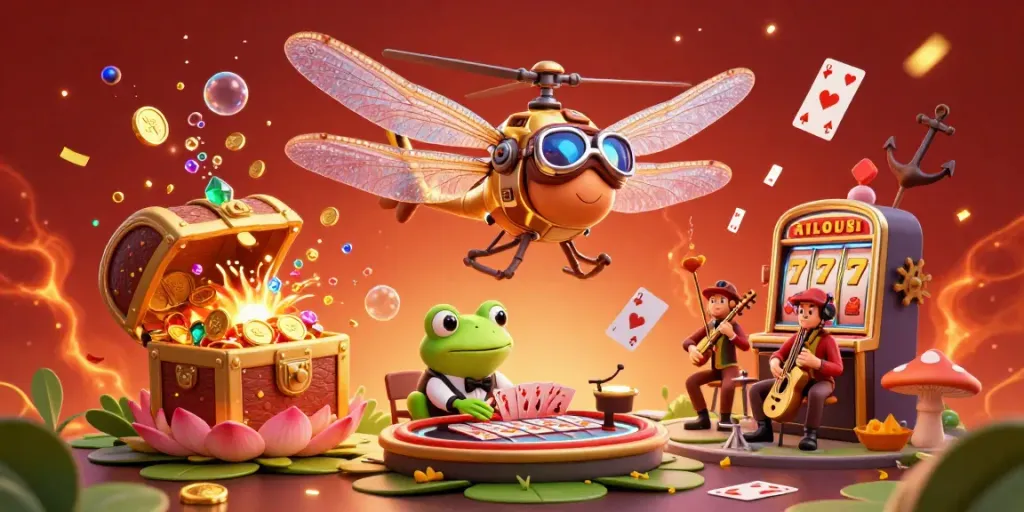BOLASLOT99 gaming scene featuring a dragonfly pilot and frog croupier amidst vibrant slot details.