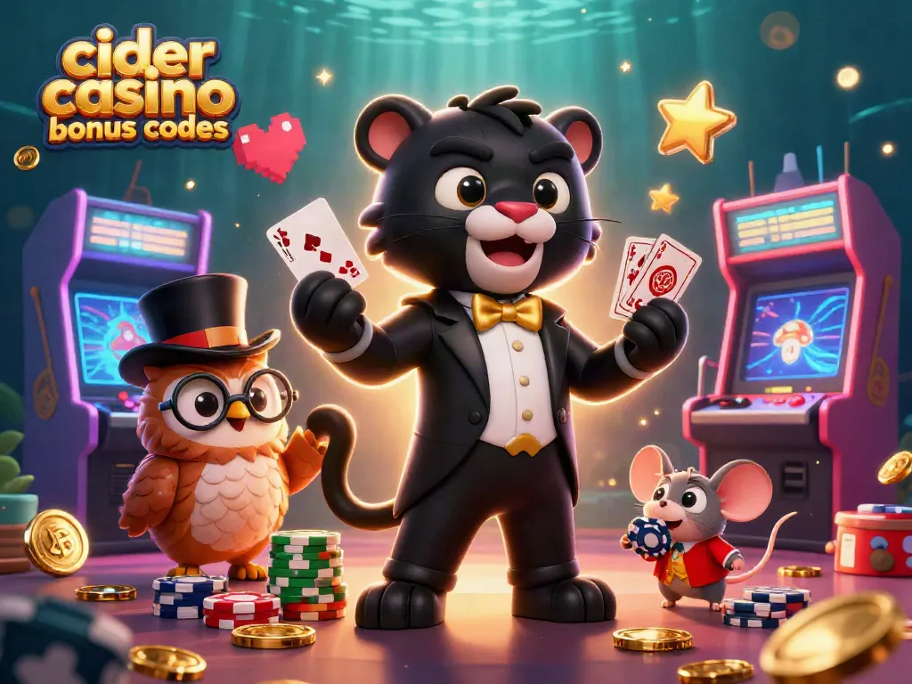 Engage with Cider Casino bonus codes through this vibrant scene, showcasing a panther, owl, and mouse amidst a casino action!