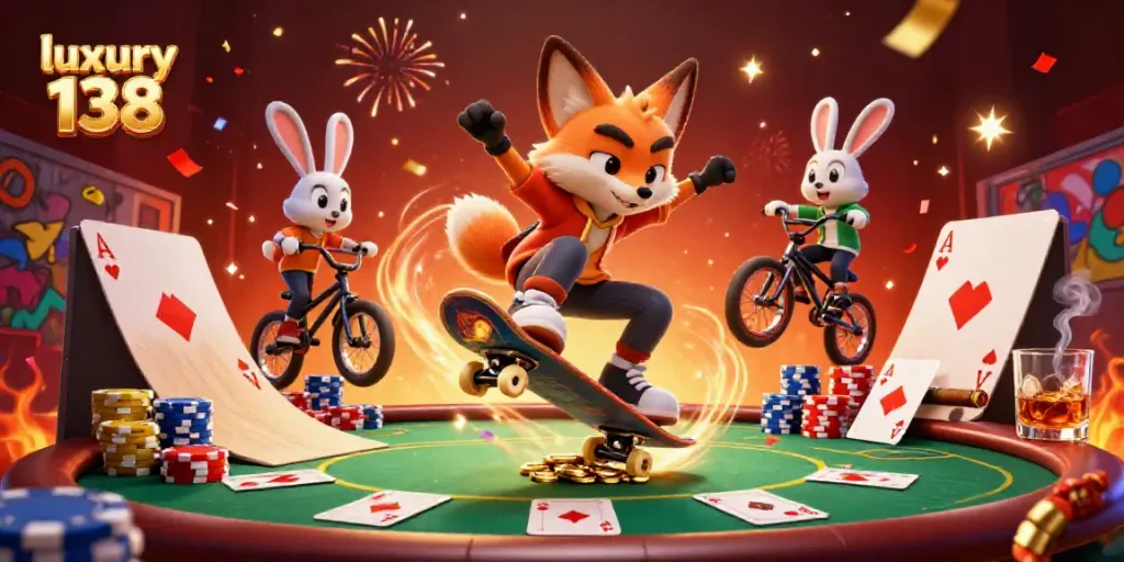 Experience the thrill of luxury 138 with a lively 3D fox and rabbit in a casino scene.