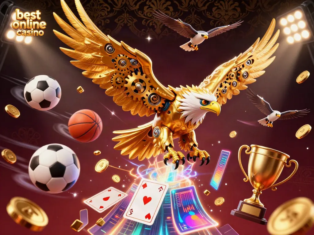 Experience the thrill of the best online casino with a cybernetic eagle amidst dynamic sports elements.