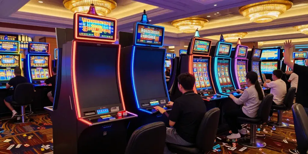 Exciting slot gaming scene with players enjoying colorful slot machines