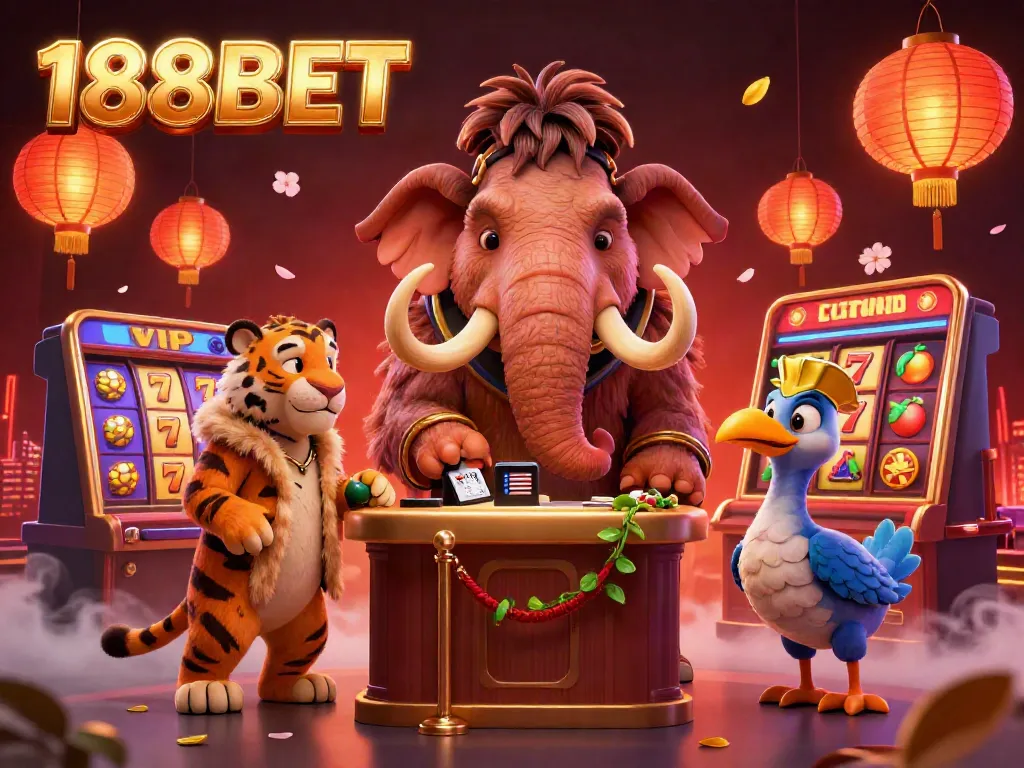 Experience 188BET excitement with a vibrant casino and dynamic characters in an ultra-detailed illustration.