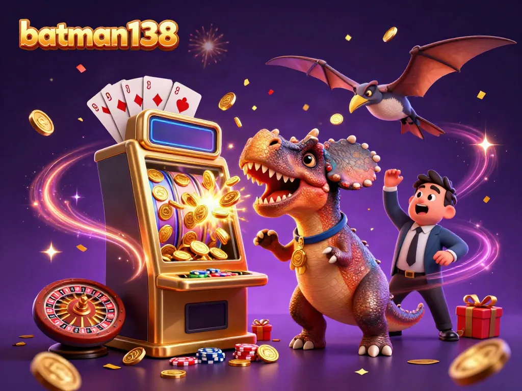 Experience the thrilling action of batman138 as a pachycephalosaurus wins jackpot coins from a golden slot machine surrounded by vibrant casino elements.