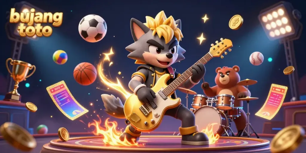 Bujang toto promotes an exciting gaming atmosphere with a rock star wolf and drummer bear in action.