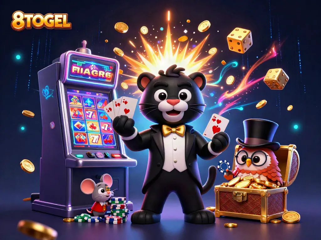Experience the excitement at 8TOGEL with our unique 3D casino illustration, featuring playful characters and vibrant game elements.