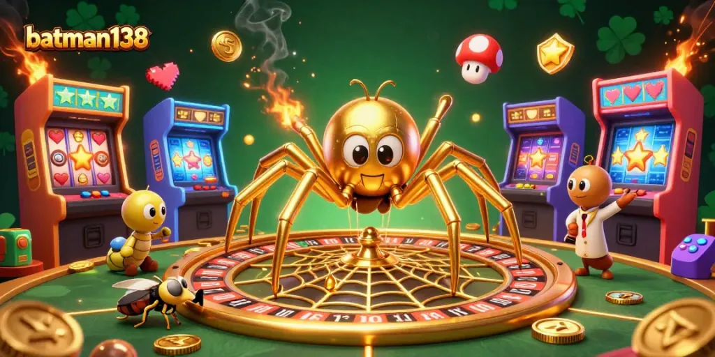 Spin big with batman138 in this vibrant 3D casino scene showcasing a roulette wheel and colorful gaming elements.