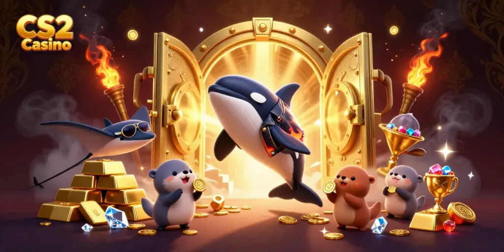 CS2 Casino illustration with 3D orca, stingray, and otters stacked with gold and gems.