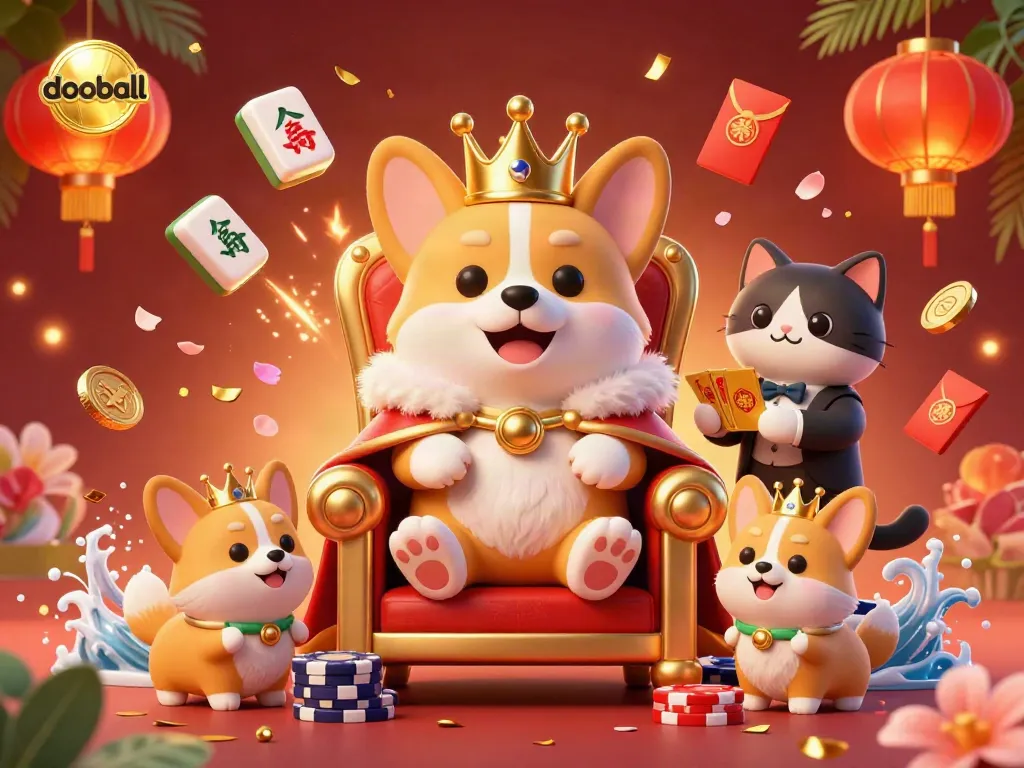 Experience the thrill of dooball in an animated 3D scene featuring a royal corgi surrounded by casino elements.