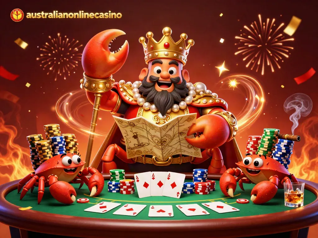 Experience the excitement of australianonlinecasino with a vibrant crab emperor and poker elements.