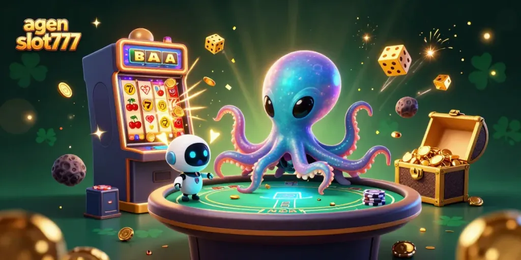 Engage in thrilling gameplay at agen slot777 with a futuristic alien octopus and treasure-filled slots.