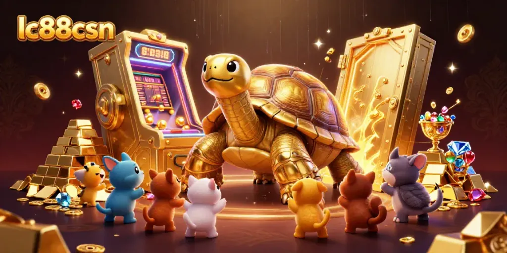 Experience the excitement at lc88csn with a colorful 3D illustration of a golden tortoise pinball machine.