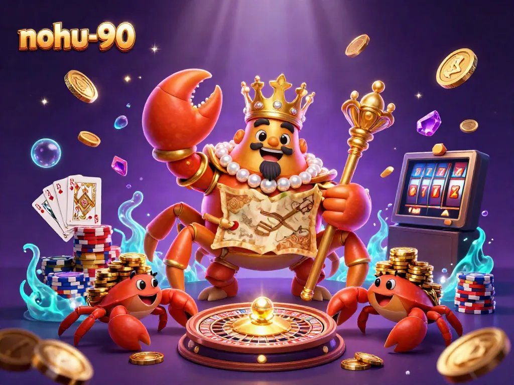 Experience the excitement of nohu-90 with a golden crab emperor and treasure in a dynamic casino scene.