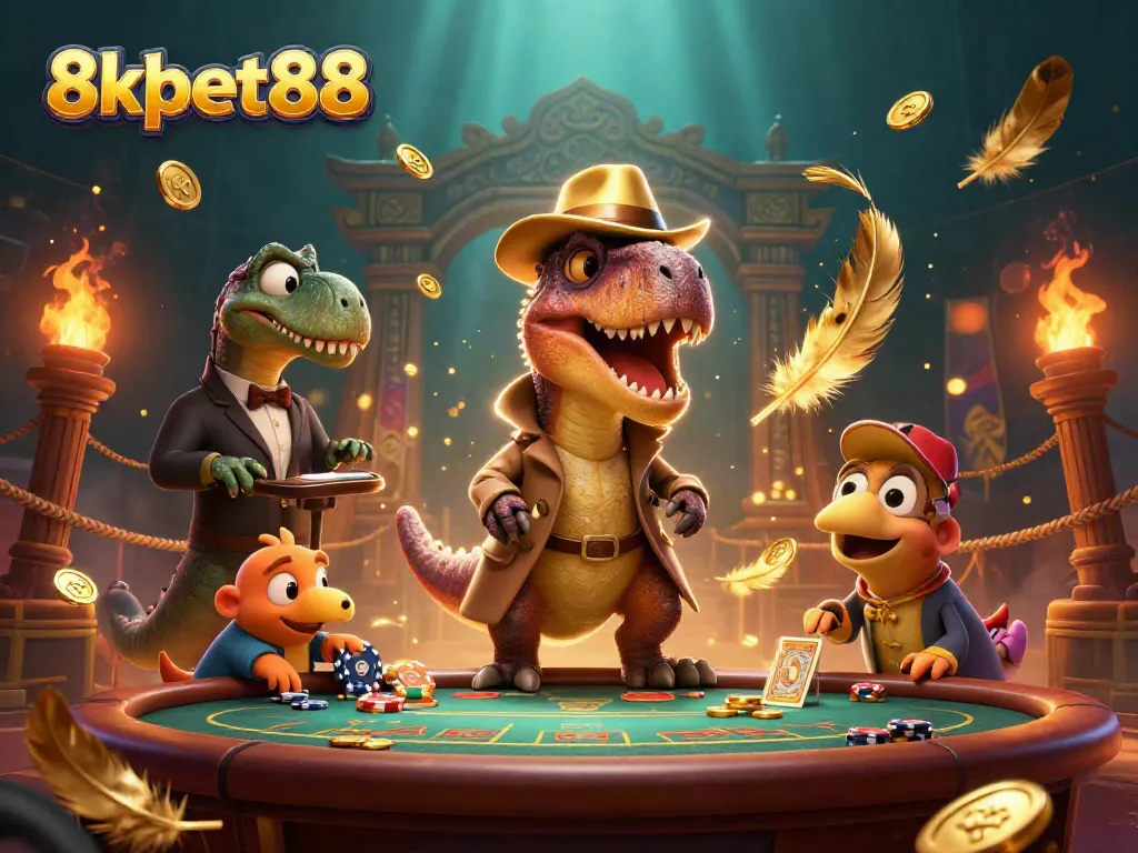 Engage in thrilling gameplay at 8xbet88 with a velociraptor at a blackjack table.