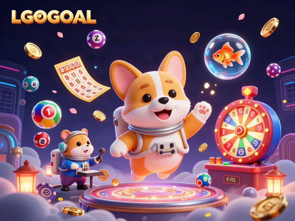 Experience winning moments at LGOGOAL with floating characters, exciting gambling elements, and a vibrant casino atmosphere.